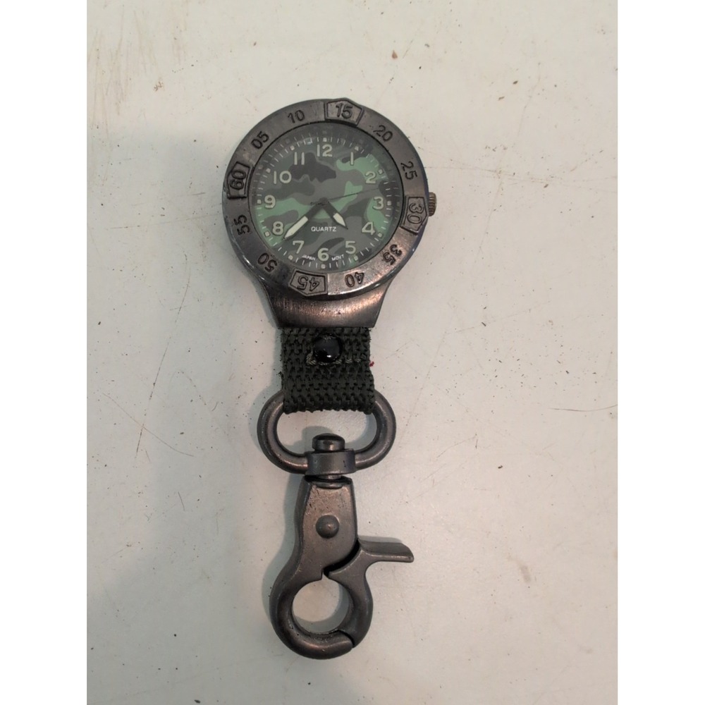 Men's Green Camo Belt Loop Clip Pocket Watch Quartz Japan Movement